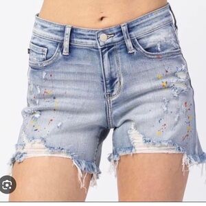 Judy Blue Women's Large Mid Rise Distressed Rainbow Shorts - Light Blue